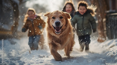 Happy family walking their pet golden retriever in the winter forest outdoors. Active Christmas holidays. Design ai