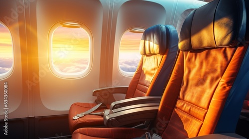 Empty aircraft seats and light shine porthole windows photo