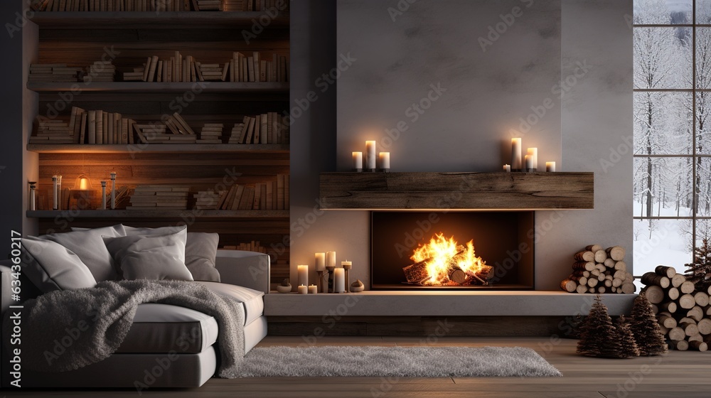 Obraz premium Cozy modern winter living room interior with a modern fireplace in a chalet. Design ai