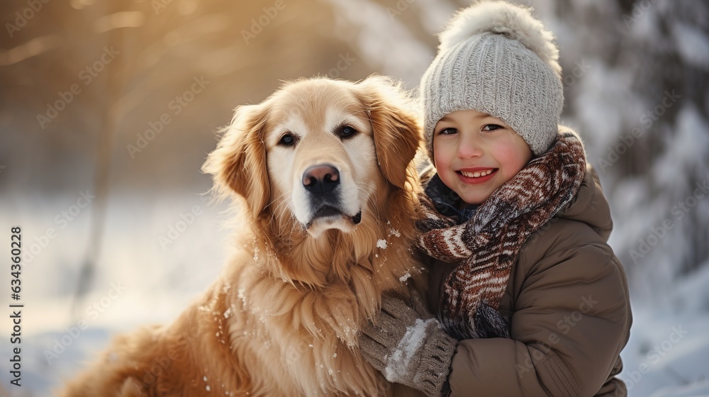 A small child hugs his pet golden retriever. Winter activity holidays. Design ai