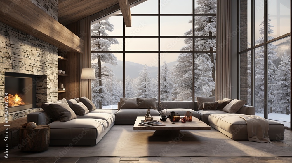Cozy modern winter living room interior with a modern fireplace in a ...