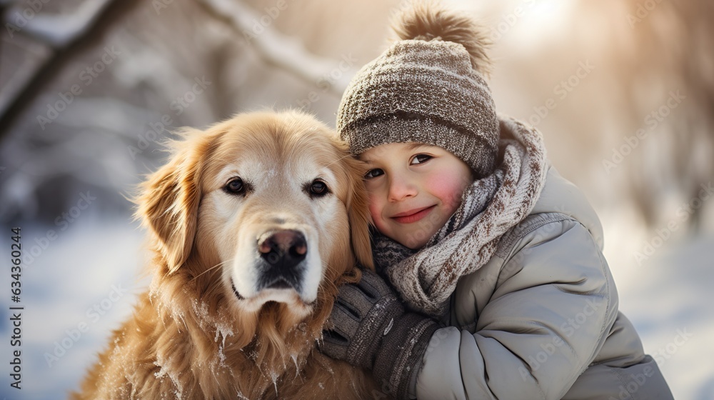 A small child hugs his pet golden retriever. Winter activity holidays. Design ai