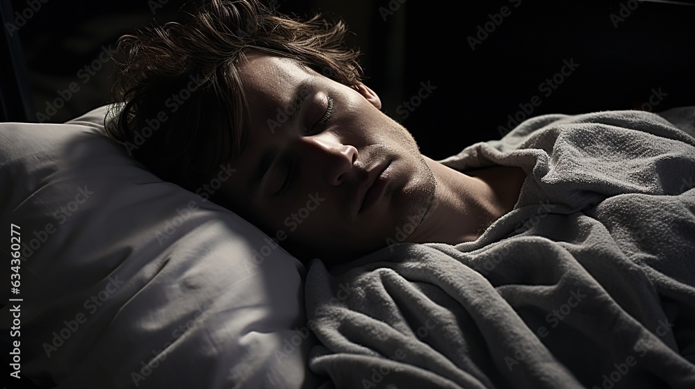 Young man relaxing sleeping in comfortable bed alone at home and dreaming. Good sleep concept. Design ai Young man relaxing sleeping in comfortable bed alone at home and dreaming. Good sleep concept. Design ai