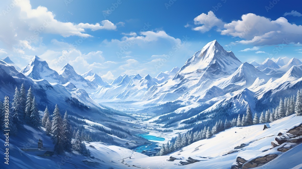 custom made wallpaper toronto digitalA beautiful view of a big snowy mountain range with a blue sky. Ski resort background. Design ai