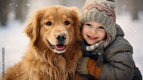 A small child hugs his pet golden retriever. Winter activity holidays. Design ai © Irina Sharnina