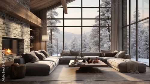 Fényképezés Cozy modern winter living room interior with a modern fireplace in a chalet