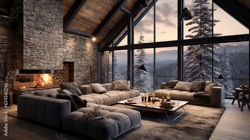 Cozy modern winter living room interior with a modern fireplace in a chalet photo