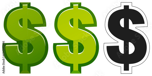 Dollar sign in three versions. Green 3d dollar sign, and black silhouette. Dollar isolated set.