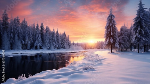 Beautiful winter scenery. Splendid sunrise in the mountains. Fresh snow covered slopes and fir trees . Beauty of nature. Design ai