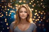 Portrait of beautiful blonde happy girl with blue eyes isolated on bokeh background, fashion banner with copy space text 