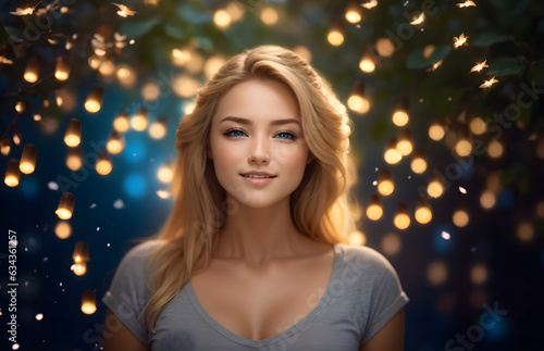 Portrait of beautiful blonde happy girl with blue eyes isolated on bokeh background, fashion banner with copy space text  © Karlo