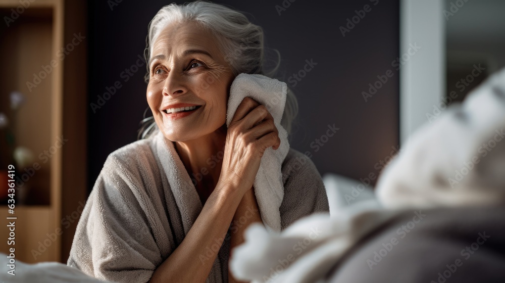 Elderly woman doing her personal care at the sink Elderly woman doing her personal care at the sink
