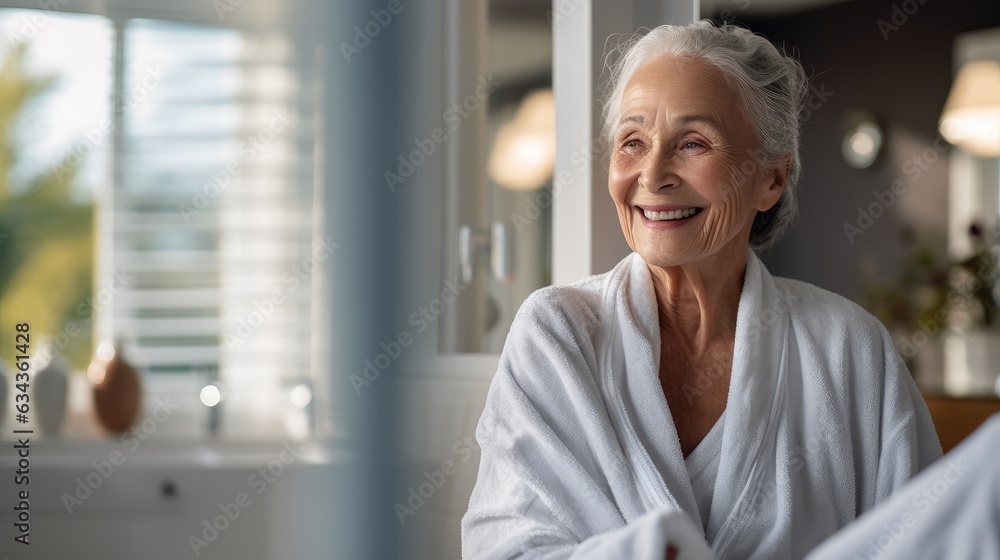Elderly woman doing her personal care at the sink