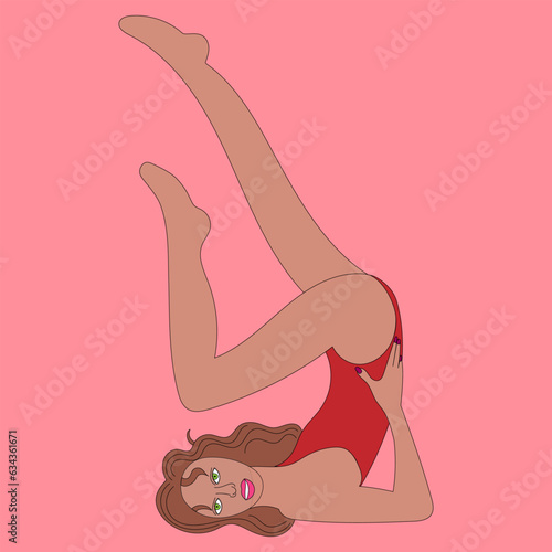 illustration girl woman gymnastics blonde model pose lines black and white position photo shoot bare back rear view in green bodysuit abstract painting sitting nude bare legs hands manicure lips