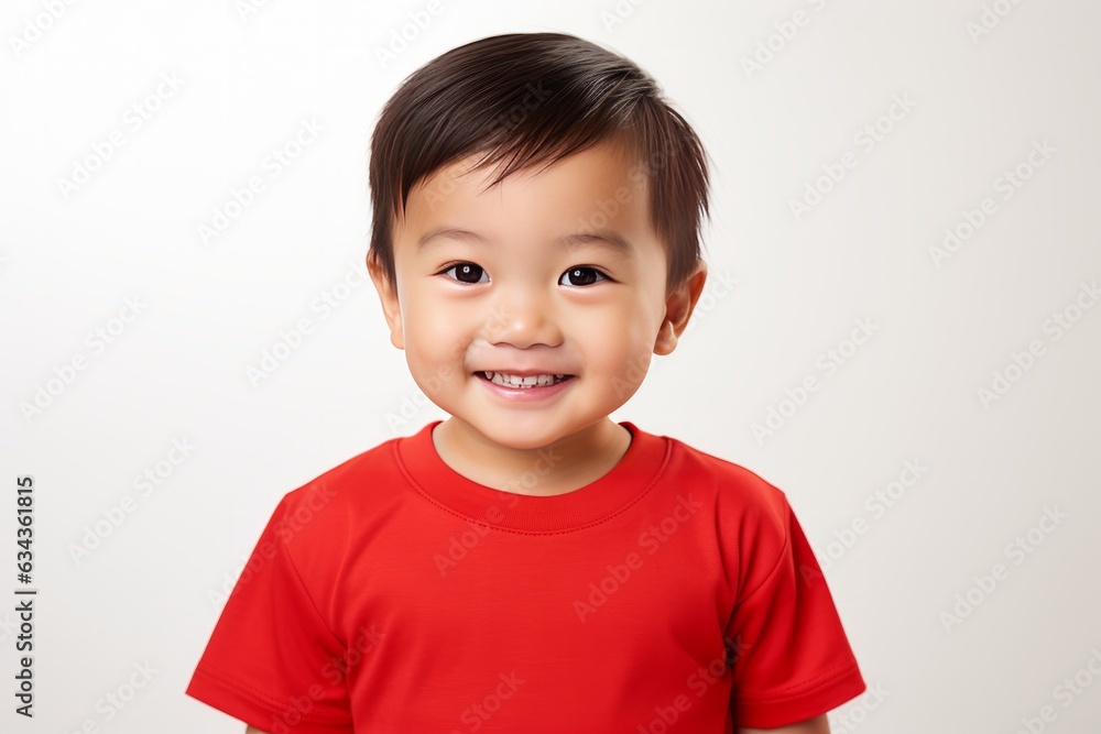2 years old little asian baby boy wearing red T-shirt. Portrait photo taken against a white background. 2 years old little asian baby boy wearing red T-shirt. Portrait photo taken against a white background.
