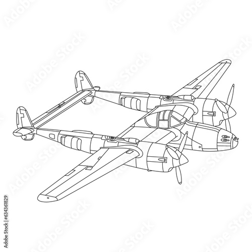 Lockheed P-38 Lightning Aircraft War World II Fighter Coloring Page. Military Airplane Vector Illustration. Vintage War Plane. Cartoon Airplane