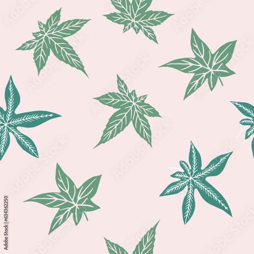 Hand drawn various Leaves seamless pattern. Colorful marijuana leaves repeat background. Square wallpaper. Cannabis design for print, t-shirt, textile, poster, wrapping. Vector illustration © Inna