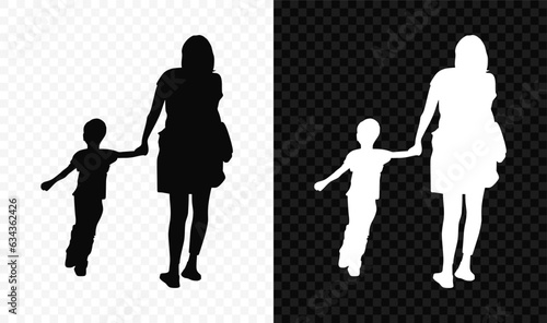 Mother in casual clothes walks holding a little boy by the hand black and white vector silhouette on transparent background