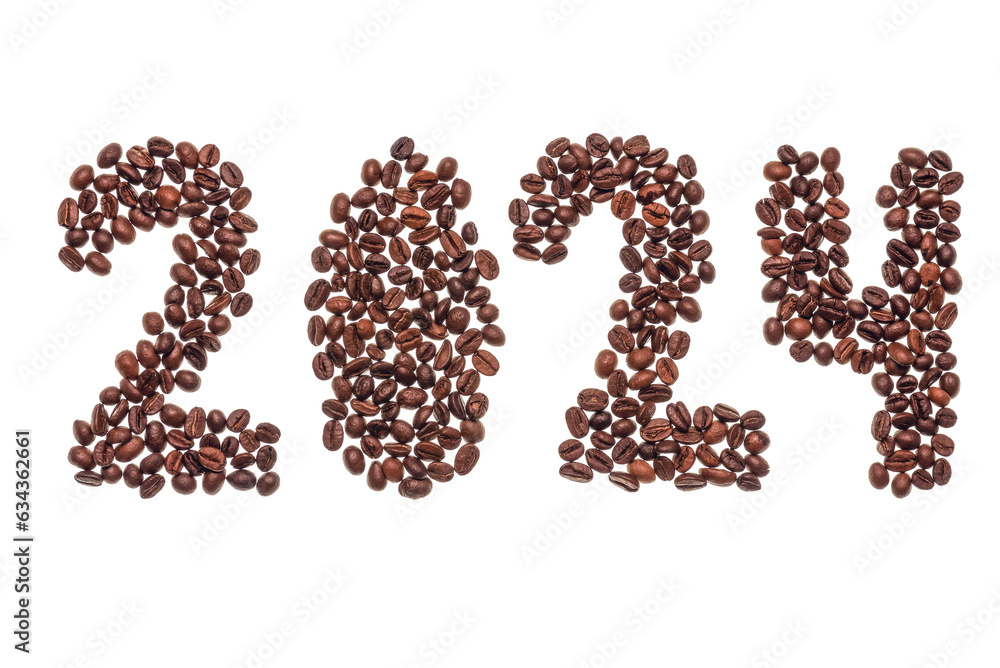 2024 from roasted coffee beans on a white background. New year 2024 concept. Creative layout. 2024 from roasted coffee beans on a white background. New year 2024 concept. Creative layout.