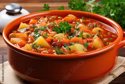 Hearty vegetable stew simmering in a rustic pot, evoking comfort and nourishment in a vegetarian meal. Generative AI