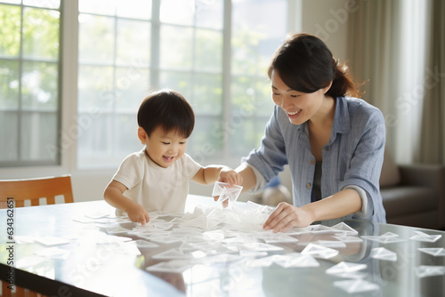 夏休みの宿題をする親子 photo