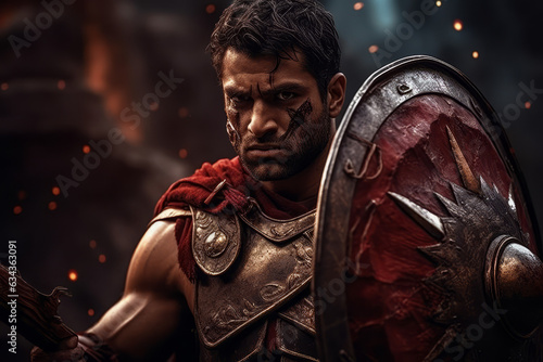 A Roman gladiator with a sword and a shield