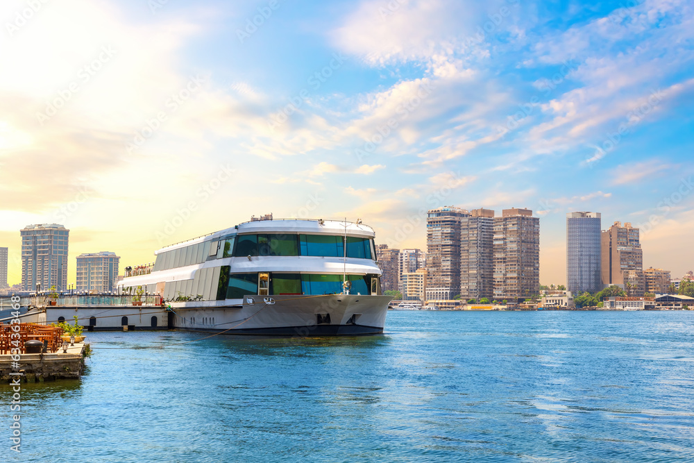 Scenery of the Nile river by the urban buildings of Cairo, Egypt