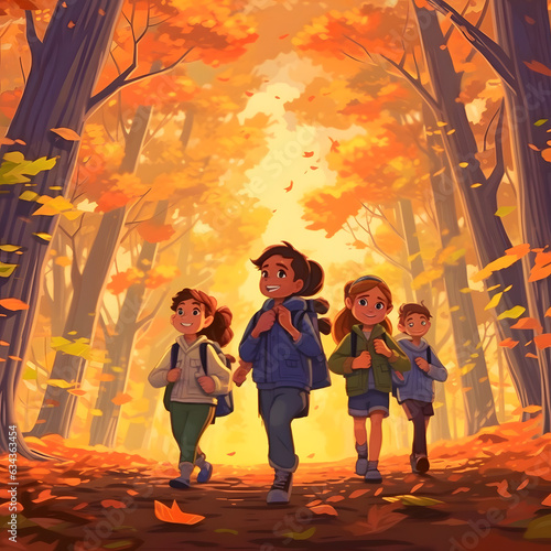 Autumn adventure with a group of friends hiking through a vibrant forest, surrounded by golden leaves and crisp air. AI generated