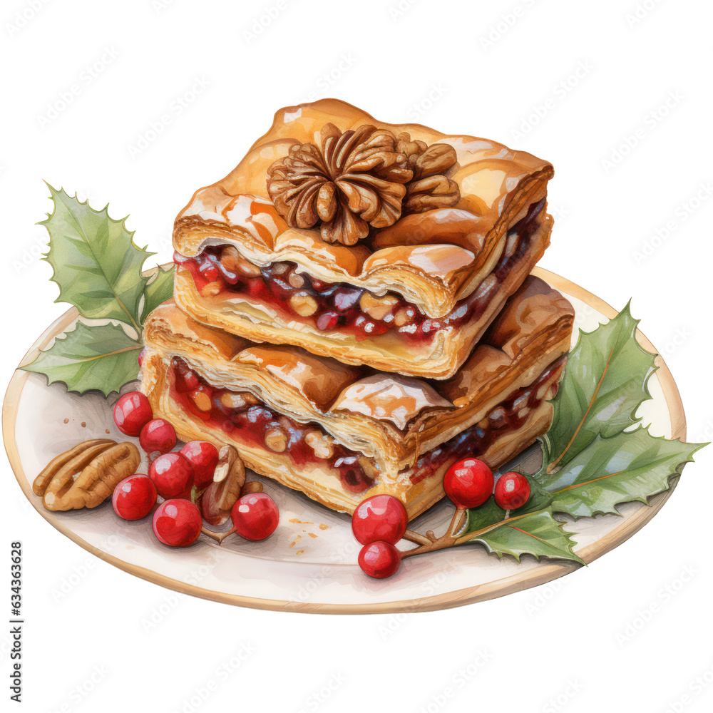 Watercolor Christmas Winter Dessert.  Xmas new year holiday illustration. Celebration Bakery Party Decor. Sweet Pecan Pie Bars.