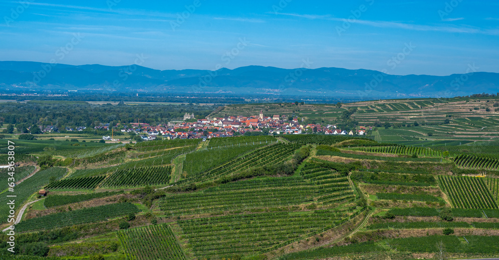 View from the Mondhalde Pavilion viewpoint on Burkheim (Vogtsburg), Rhine plain, Vosges. Kaiserstuhl, Baden Wuerttemberg, Germany, Europe