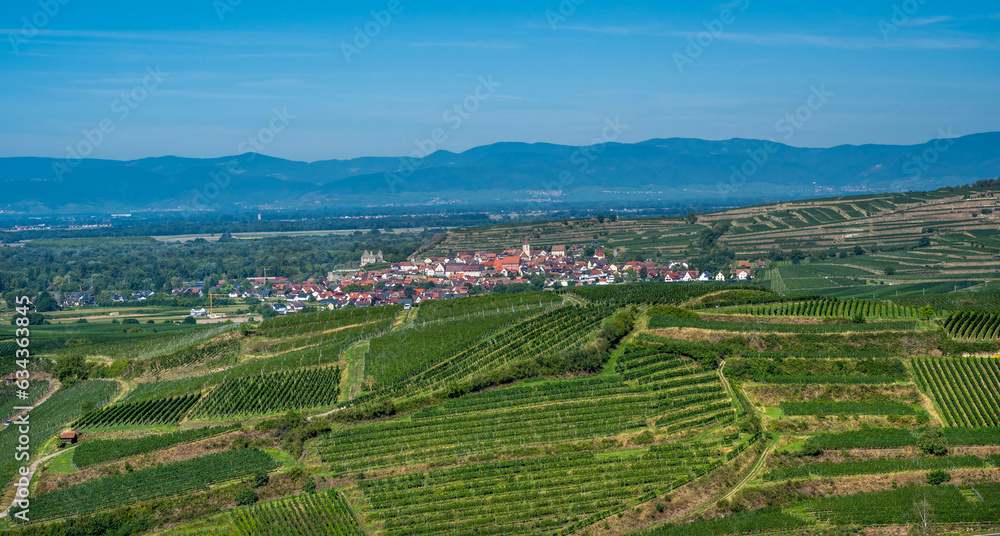 View from the Mondhalde Pavilion viewpoint on Burkheim (Vogtsburg), Rhine plain, Vosges. Kaiserstuhl, Germany, Europe