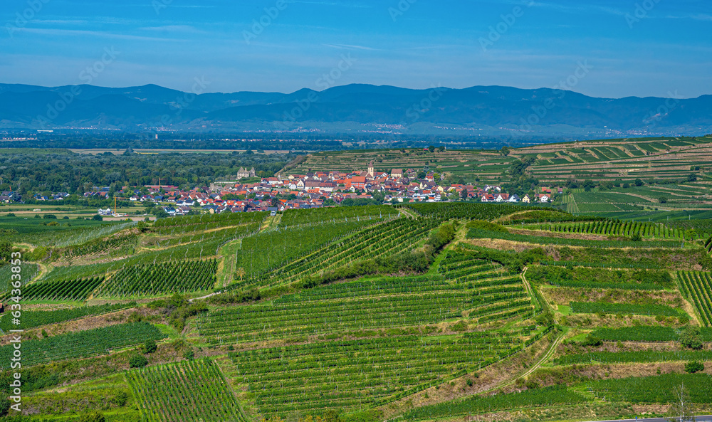 View from the Mondhalde Pavilion viewpoint on Burkheim (Vogtsburg), Rhine plain, Vosges. Kaiserstuhl, Germany, Europe