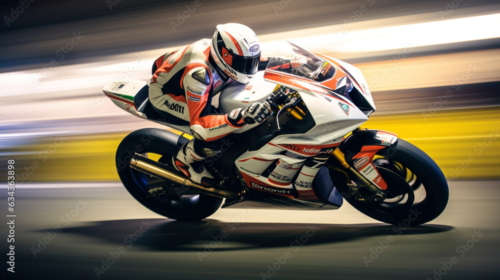 The motorcycle rider racing on a track with a blurred background, emphasizing the intensity of their speed and focus 