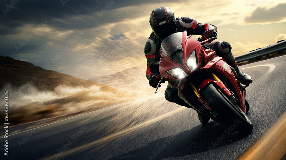 A dynamic shot of a motorcycle rider leaning into a sharp curve ...