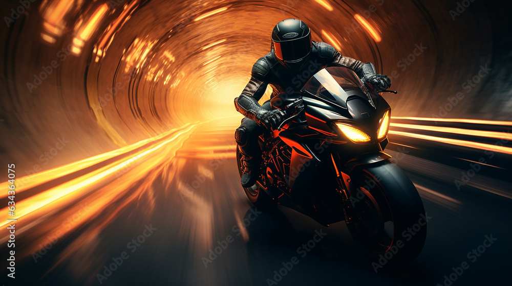 The motorcycle rider racing through a tunnel, the illuminated interior adding to the intense visual experience 