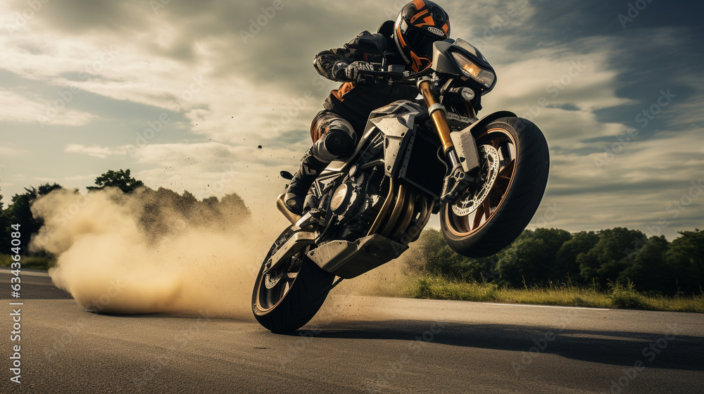 The motorcycle's front wheel lifting off the ground during an exhilarating wheelie, showcasing controlled acceleration  - obrazy, fototapety, plakaty 