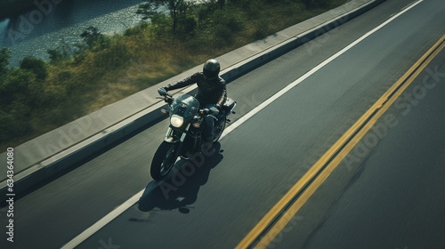 An overhead view of a motorcycle rider cruising along an empty highway, capturing the sense of freedom and speed  photo