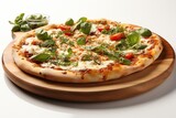 Margherita Pizza: A simple and flavorful pizza topped with fresh tomatoes, mozzarella cheese, and basil leaves. Generated with AI