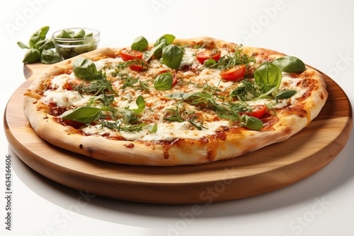 Margherita Pizza: A simple and flavorful pizza topped with fresh tomatoes, mozzarella cheese, and basil leaves. Generated with AI