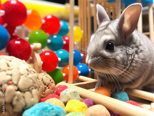 An image of a chinchilla nibbling on a treat in a cage with various climbing toys. photo