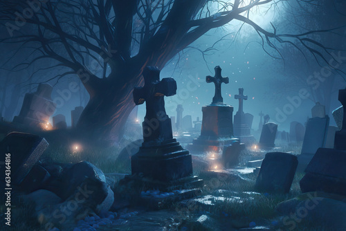 A hauntingly beautiful graveyard with leaning crosses and burial stones lit by the moon and mysterious candle lights