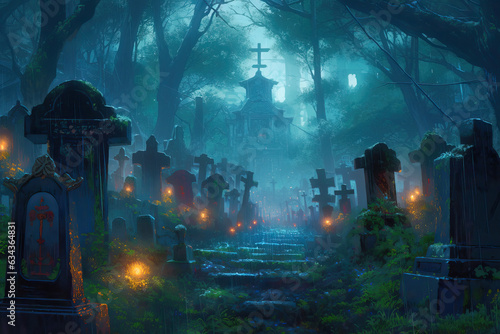 Old cemetery scene with ancient stones, crosses, and tombs along a path to a mysterious crypt