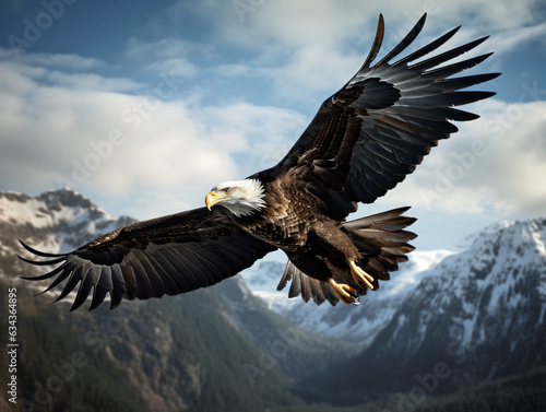 An image of a majestic eagle in flight with a backdrop of a mountain range. photo