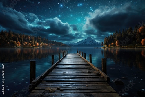 Piercing the Night: The Poignant Wooden Pier Reaching into a Still Lake, Echoed by the Twinkling Starlit Sky