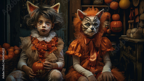 Two kids dressed in adorable cat costumes for Halloween