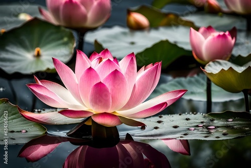 pink water lily  A super realistic beautiful pink lotus flower blooms gracefully in a serene pond