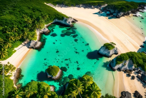 A super realistic Areal, drone view captures the beauty of a pristine beach with a stunning coastline