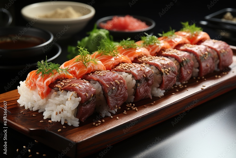 Kobe Beef Sushi: Experience the exquisite tenderness and marbling of Kobe beef, delicately wrapped in sushi rice and seaweed.Generated with AI Kobe Beef Sushi: Experience the exquisite tenderness and marbling of Kobe beef, delicately wrapped in sushi rice and seaweed.Generated with AI