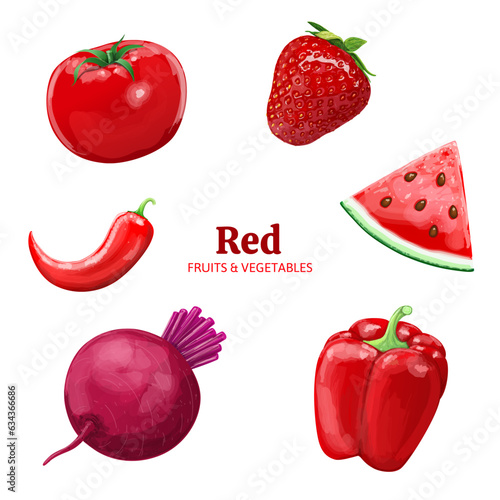Set of red fruits and vegetables isolated on white background. Vegetarian, organic food. Vector Illustration. 