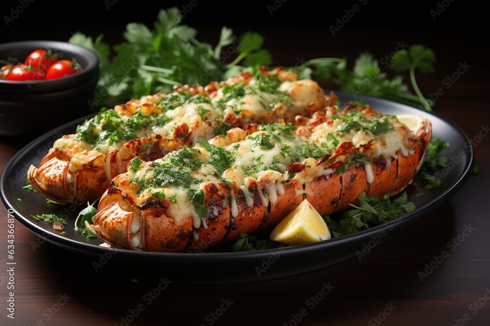 Lobster Thermidor: Delight in succulent lobster meat, cooked with creamy Thermidor sauce and gratinated to perfection. Generated with AI Lobster Thermidor: Delight in succulent lobster meat, cooked with creamy Thermidor sauce and gratinated to perfection. Generated with AI